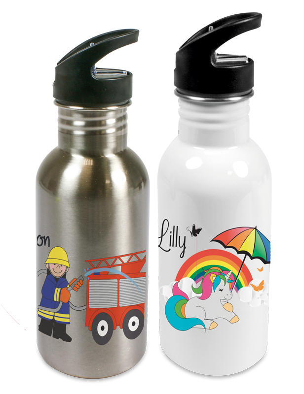 Edelstahltrinkflasche mit Einhorn oder Feuerwehrmann Motiv